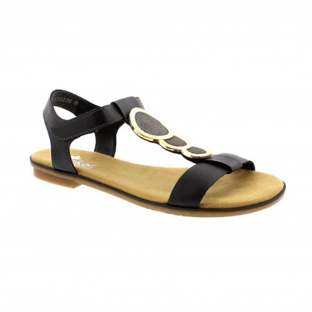 Rieker Black Faux Leather Flat Sandals with Medallion Decals